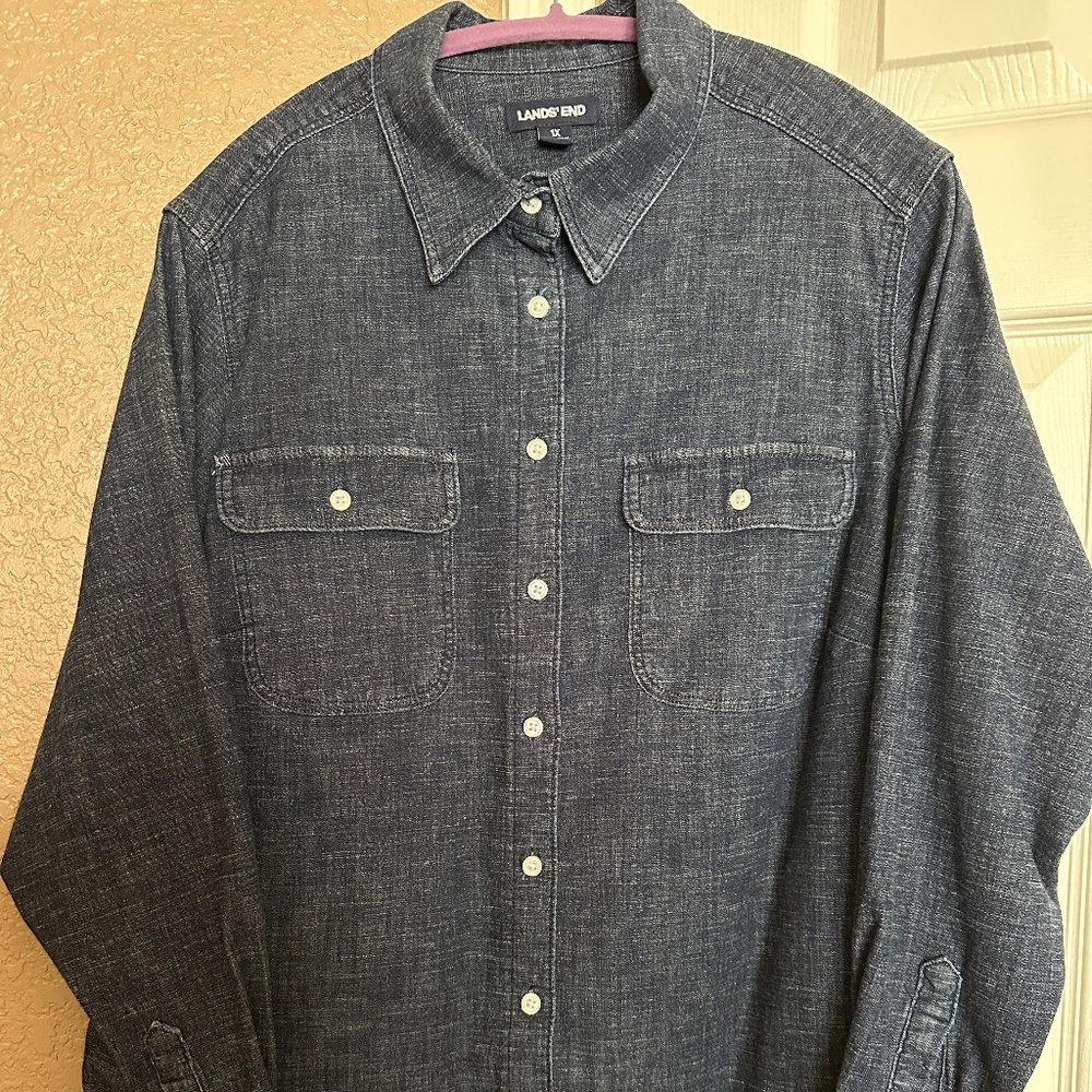 Lands' End Women's 1X Button Front Denim Long Sleeve Top